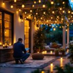 A photograph of a lighting contractor expertly installing led jar lights in a beautifully illuminated outdoor setting