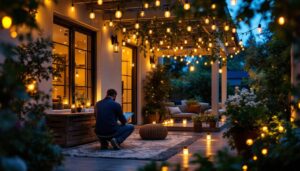 A photograph of a lighting contractor expertly installing led jar lights in a beautifully illuminated outdoor setting