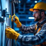 A photograph of a lighting contractor efficiently installing high-quality receptacles in a well-lit workspace