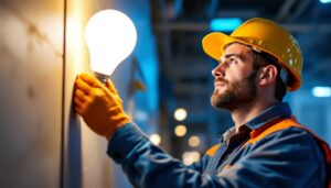 A photograph of a lighting contractor inspecting a bright