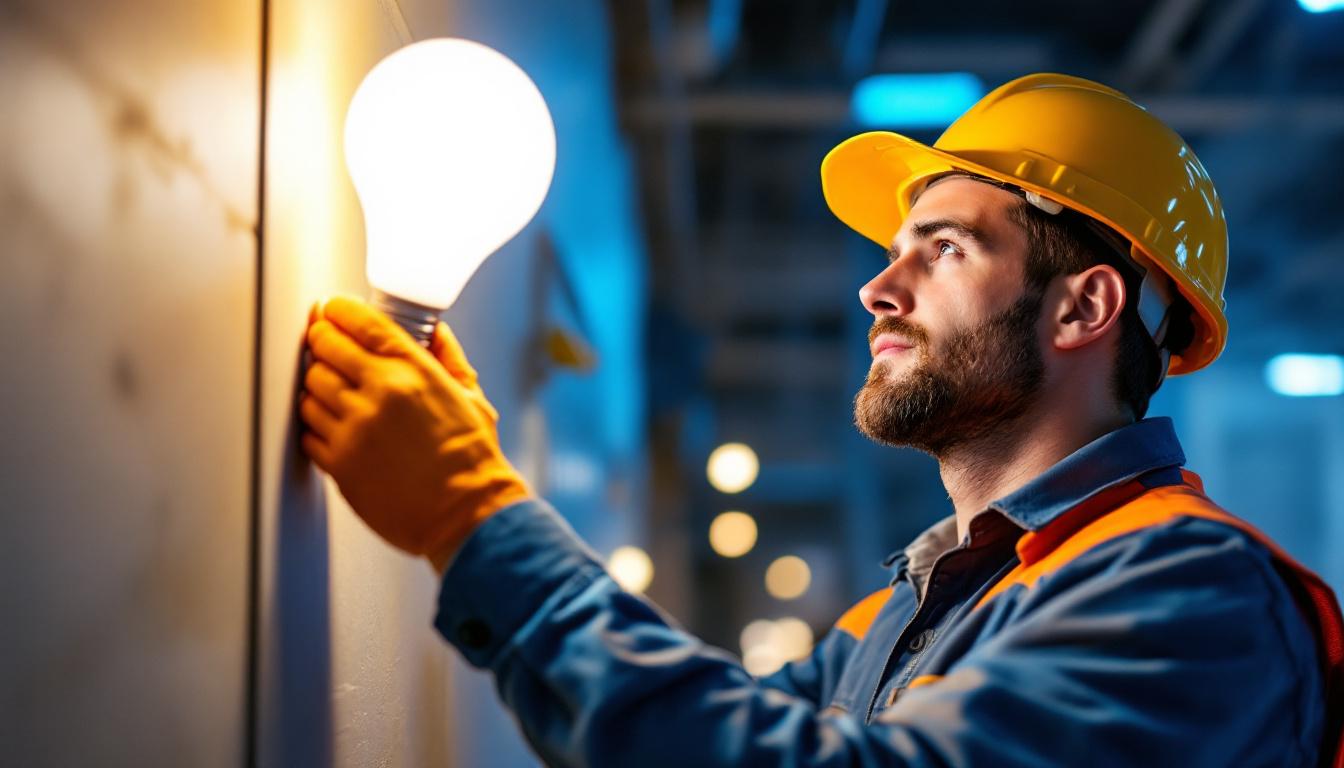 A photograph of a lighting contractor inspecting a bright