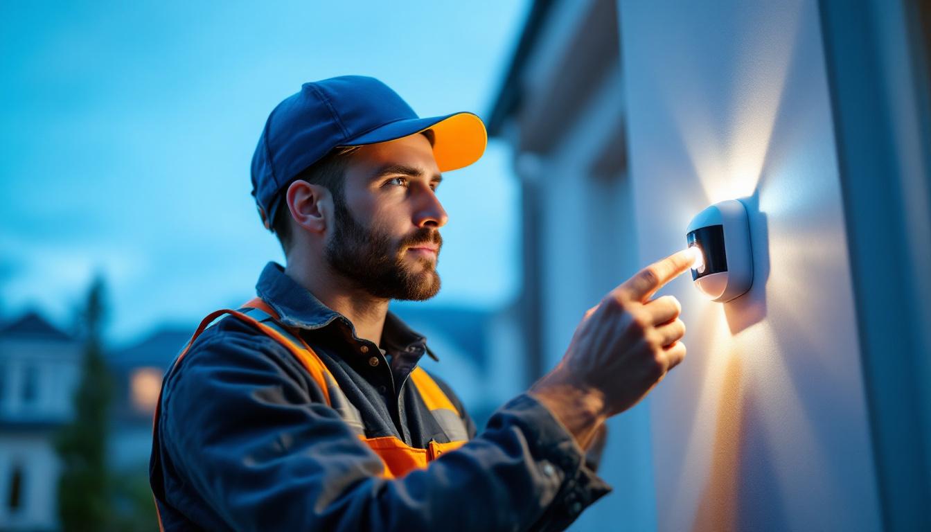A photograph of a lighting contractor installing or adjusting a motion light sensor in a residential setting