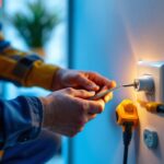 A photograph of a lighting contractor carefully installing an electric wall plug in a modern home setting