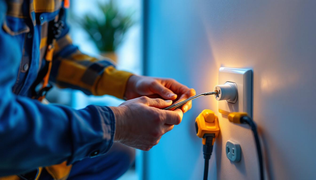 A photograph of a lighting contractor carefully installing an electric wall plug in a modern home setting