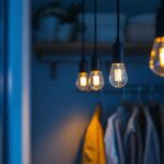 A photograph of a well-lit closet featuring stylish pull chain light fixtures