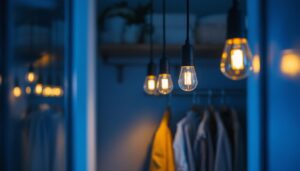 A photograph of a well-lit closet featuring stylish pull chain light fixtures