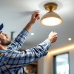 A photograph of a skilled lighting contractor installing a stylish drop light ceiling fixture in a modern interior space