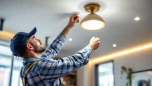 A photograph of a skilled lighting contractor installing a stylish drop light ceiling fixture in a modern interior space