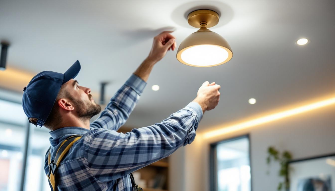 A photograph of a skilled lighting contractor installing a stylish drop light ceiling fixture in a modern interior space