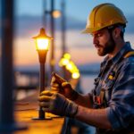 A photograph of a lighting contractor installing solar pier lights at dusk