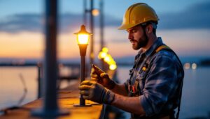 A photograph of a lighting contractor installing solar pier lights at dusk