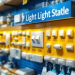 A photograph of a well-organized display of various light switches and alternative lighting options in a home improvement store