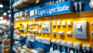 A photograph of a well-organized display of various light switches and alternative lighting options in a home improvement store