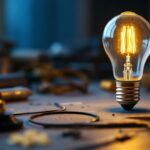 A photograph of a type t 40-watt light bulb illuminated in a stylish