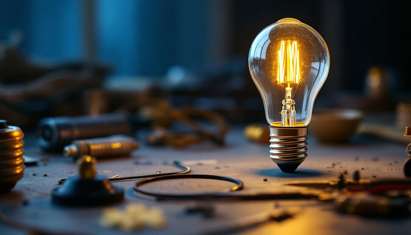 A photograph of a type t 40-watt light bulb illuminated in a stylish