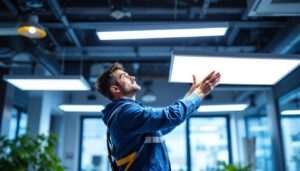 A photograph of a lighting contractor expertly installing panel flat led lights in a modern workspace