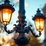 A photograph of a beautifully designed cast iron light pole in an urban setting