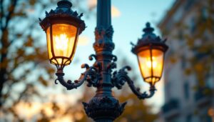 A photograph of a beautifully designed cast iron light pole in an urban setting