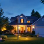 A photograph of a beautifully landscaped front yard featuring a stylish light pole