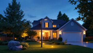 A photograph of a beautifully landscaped front yard featuring a stylish light pole