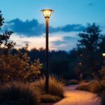 A photograph of a tall outdoor light post illuminated at dusk