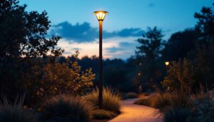 A photograph of a tall outdoor light post illuminated at dusk