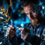 A photograph of a skilled lighting contractor expertly connecting electric cable connectors in a well-lit workspace