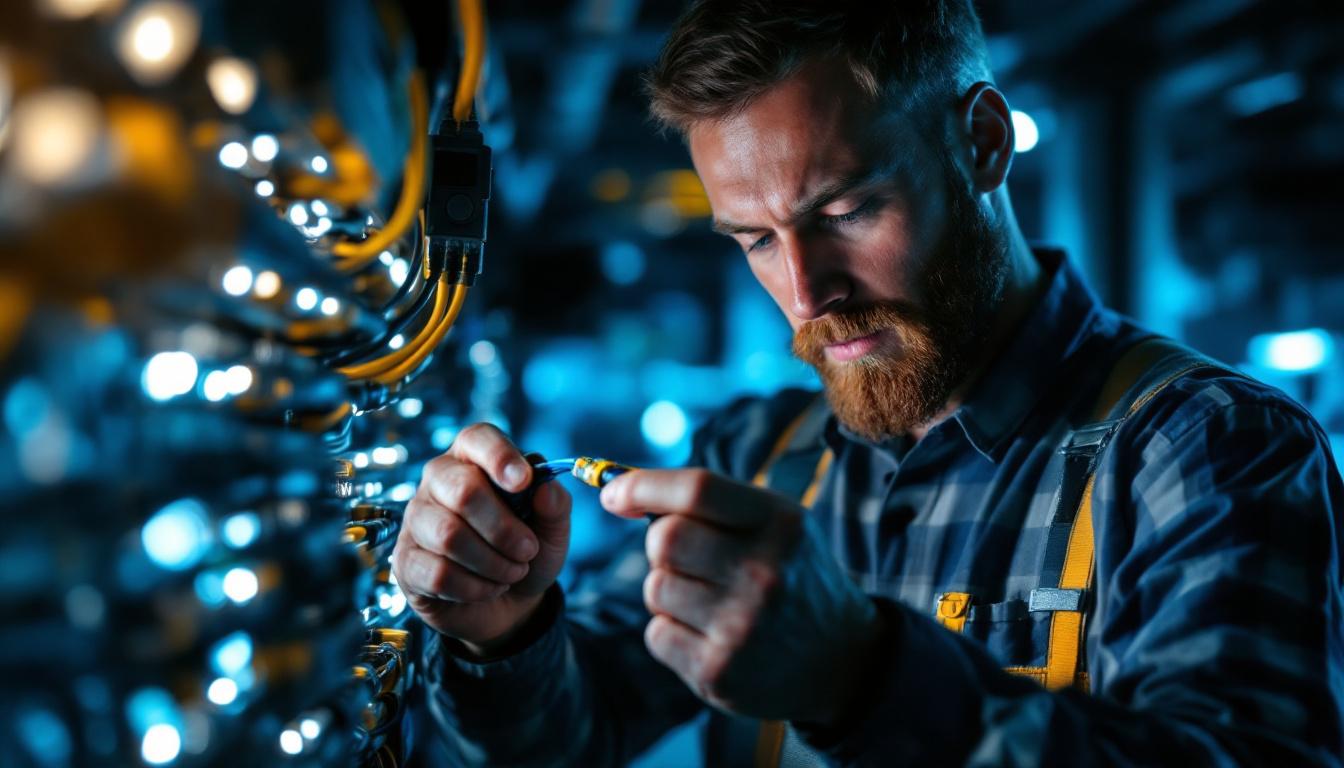 A photograph of a skilled lighting contractor expertly connecting electric cable connectors in a well-lit workspace