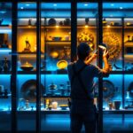 A photograph of a beautifully illuminated cabinet display showcasing various items