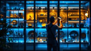 A photograph of a beautifully illuminated cabinet display showcasing various items