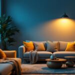 A photograph of a stylish living room featuring a modern industrial floor lamp