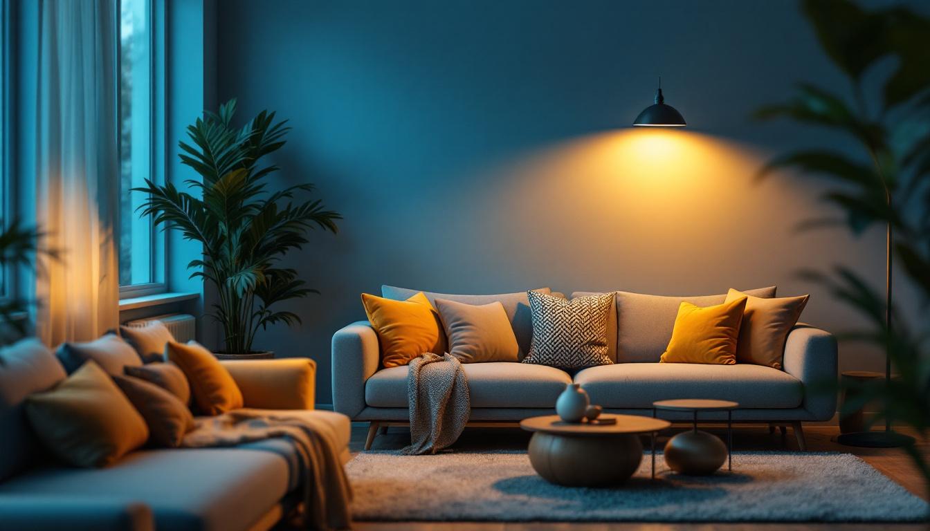 A photograph of a stylish living room featuring a modern industrial floor lamp