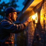 A photograph of a lighting contractor installing an exterior flood light bulb on a residential property at dusk