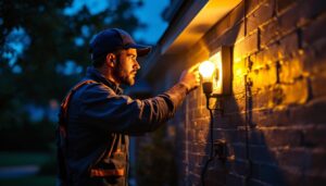 A photograph of a lighting contractor installing an exterior flood light bulb on a residential property at dusk