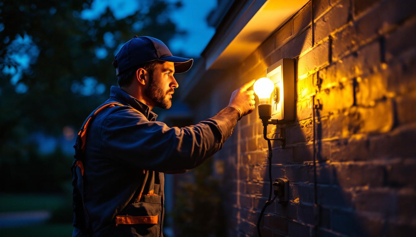 A photograph of a lighting contractor installing an exterior flood light bulb on a residential property at dusk