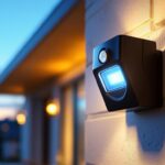 A photograph of a sleek led security light with a motion sensor installed in a residential outdoor setting