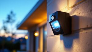 A photograph of a sleek led security light with a motion sensor installed in a residential outdoor setting