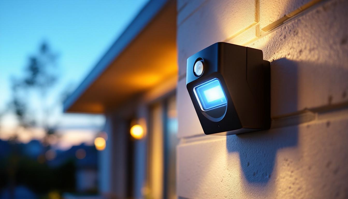 A photograph of a sleek led security light with a motion sensor installed in a residential outdoor setting