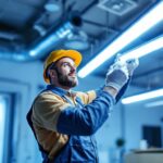 A photograph of a lighting contractor installing or handling 4' fluorescent bulbs in a commercial or residential setting