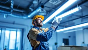 A photograph of a lighting contractor installing or handling 4' fluorescent bulbs in a commercial or residential setting