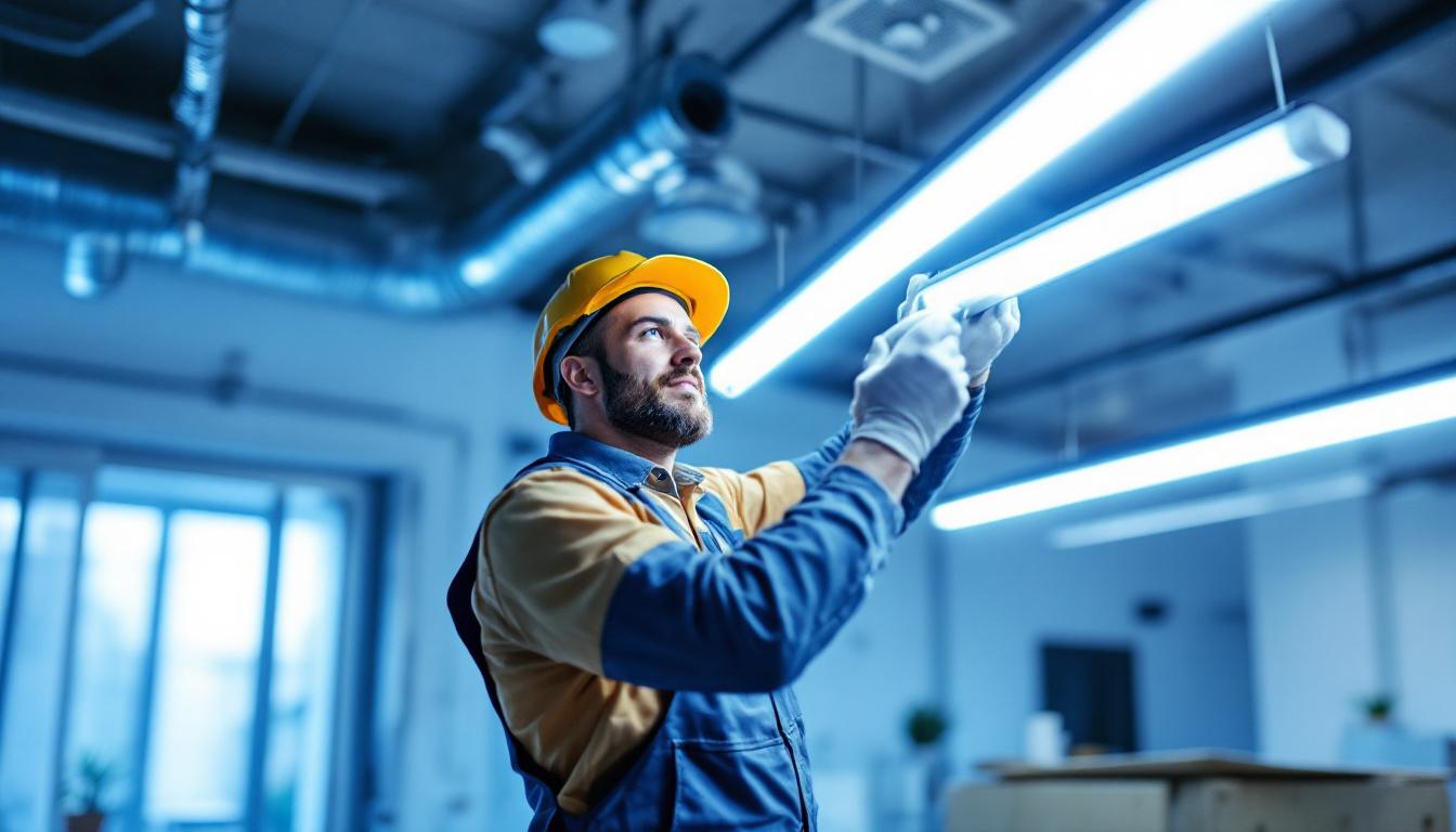 A photograph of a lighting contractor installing or handling 4' fluorescent bulbs in a commercial or residential setting