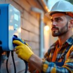 A photograph of a skilled lighting contractor installing a level 2 car charger in a residential or commercial setting