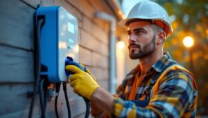 A photograph of a skilled lighting contractor installing a level 2 car charger in a residential or commercial setting
