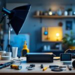 A photograph of a well-lit workspace showcasing a universal ballast alongside various lighting fixtures and tools
