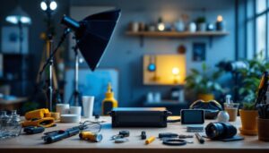 A photograph of a well-lit workspace showcasing a universal ballast alongside various lighting fixtures and tools