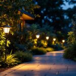 A photograph of a well-lit outdoor space showcasing a variety of 100 lumen solar lights installed along a pathway or garden