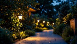 A photograph of a well-lit outdoor space showcasing a variety of 100 lumen solar lights installed along a pathway or garden