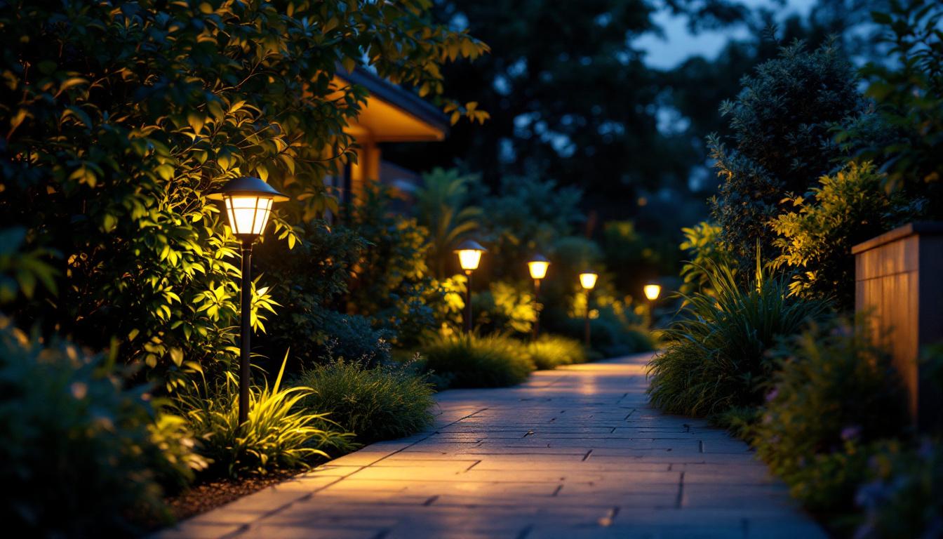 A photograph of a well-lit outdoor space showcasing a variety of 100 lumen solar lights installed along a pathway or garden