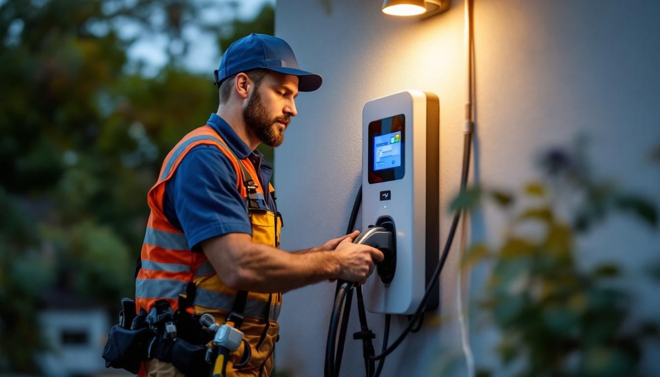 A photograph of a lighting contractor installing an ev charger in a residential or commercial setting