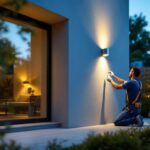 A photograph of a lighting contractor expertly installing external recessed wall lights in a modern outdoor setting